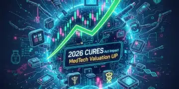 Digital illustration of interconnected medical devices and a rising valuation graph, representing the Cures Act's impact on MedTech.