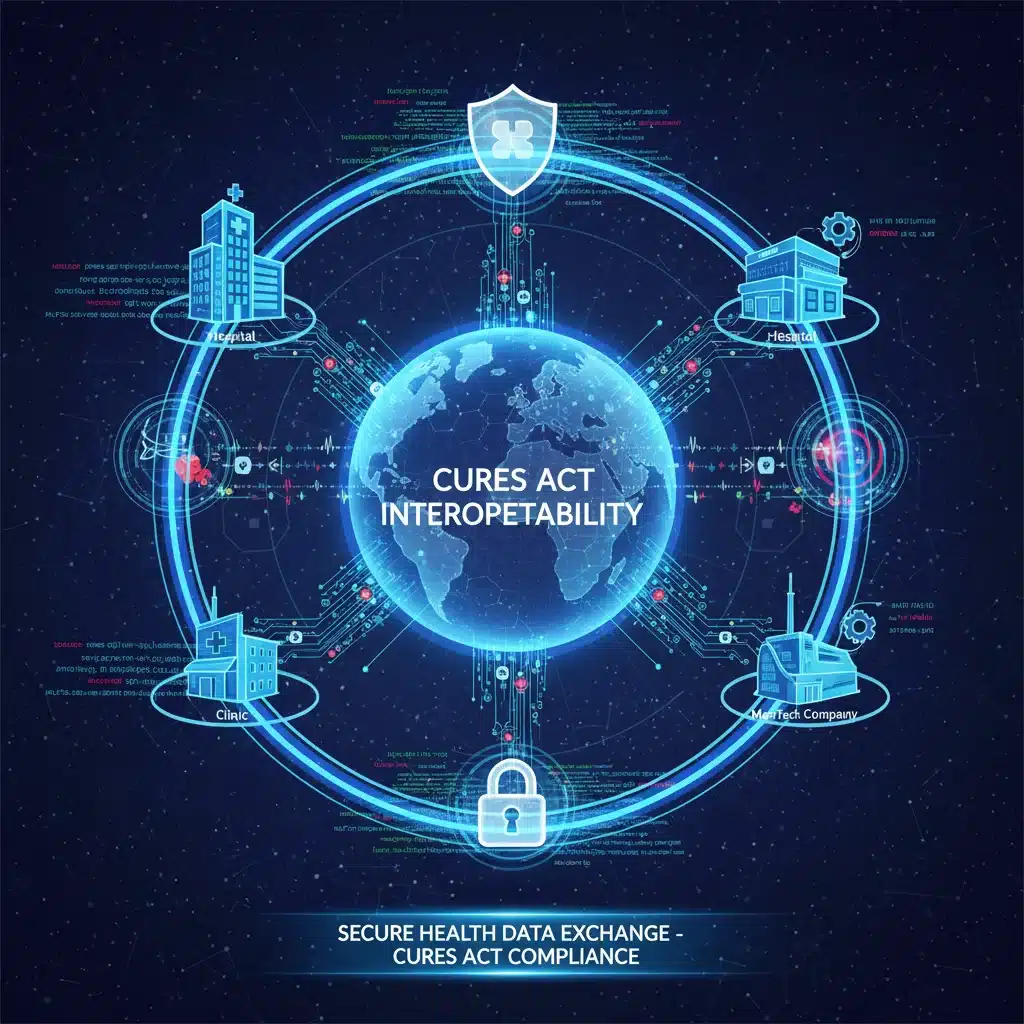 Visualizing secure data flow and interoperability between healthcare entities, demonstrating Cures Act compliance.