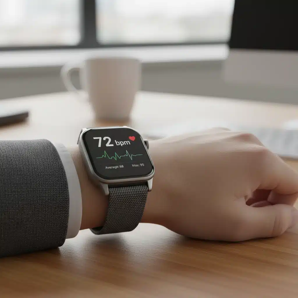 Close-up of a smartwatch displaying real-time heart rate data.