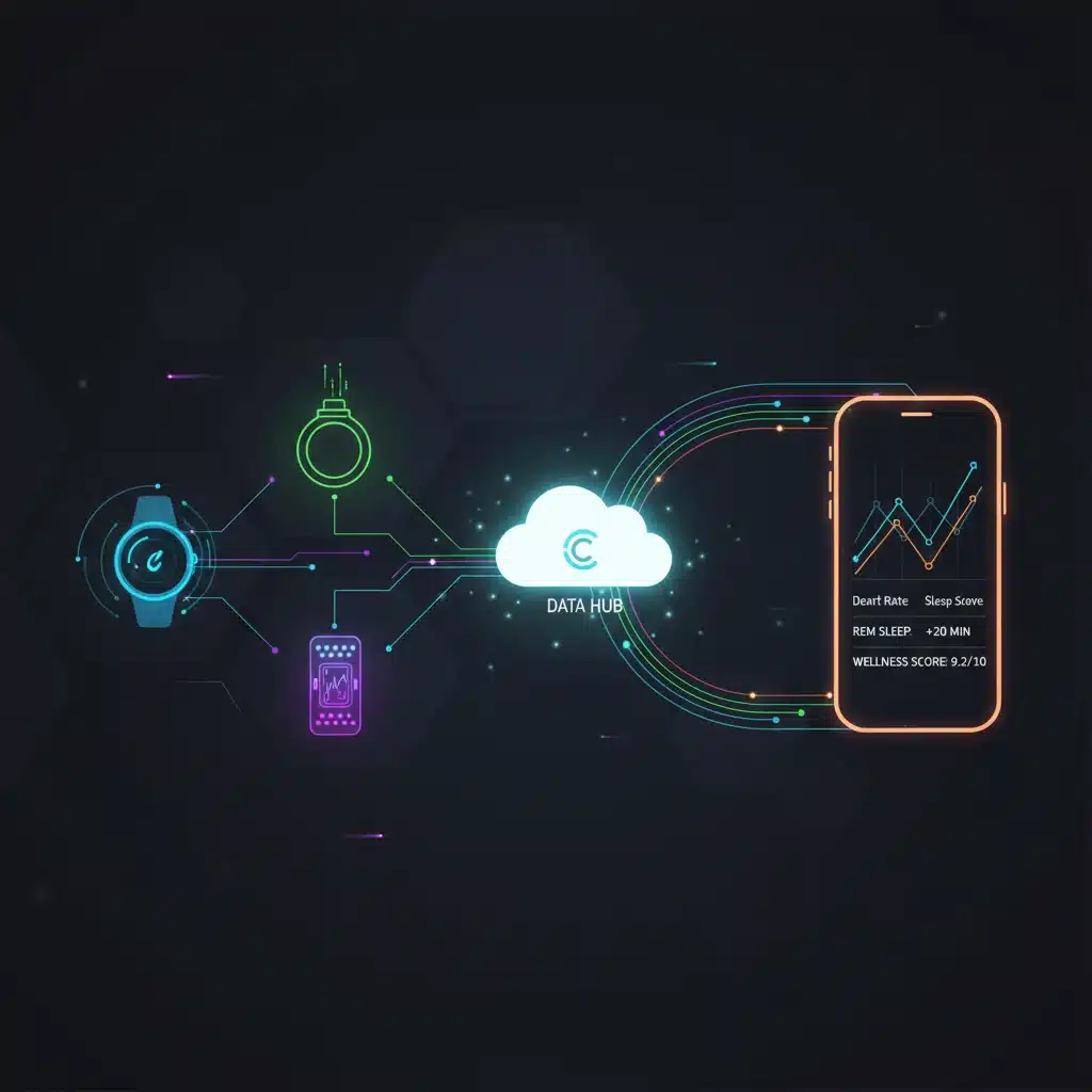 Infographic showing data integration from wearables to cloud and smartphone for health insights.