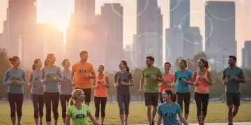 People wearing modern wearable health devices in an urban park, symbolizing health and technology.