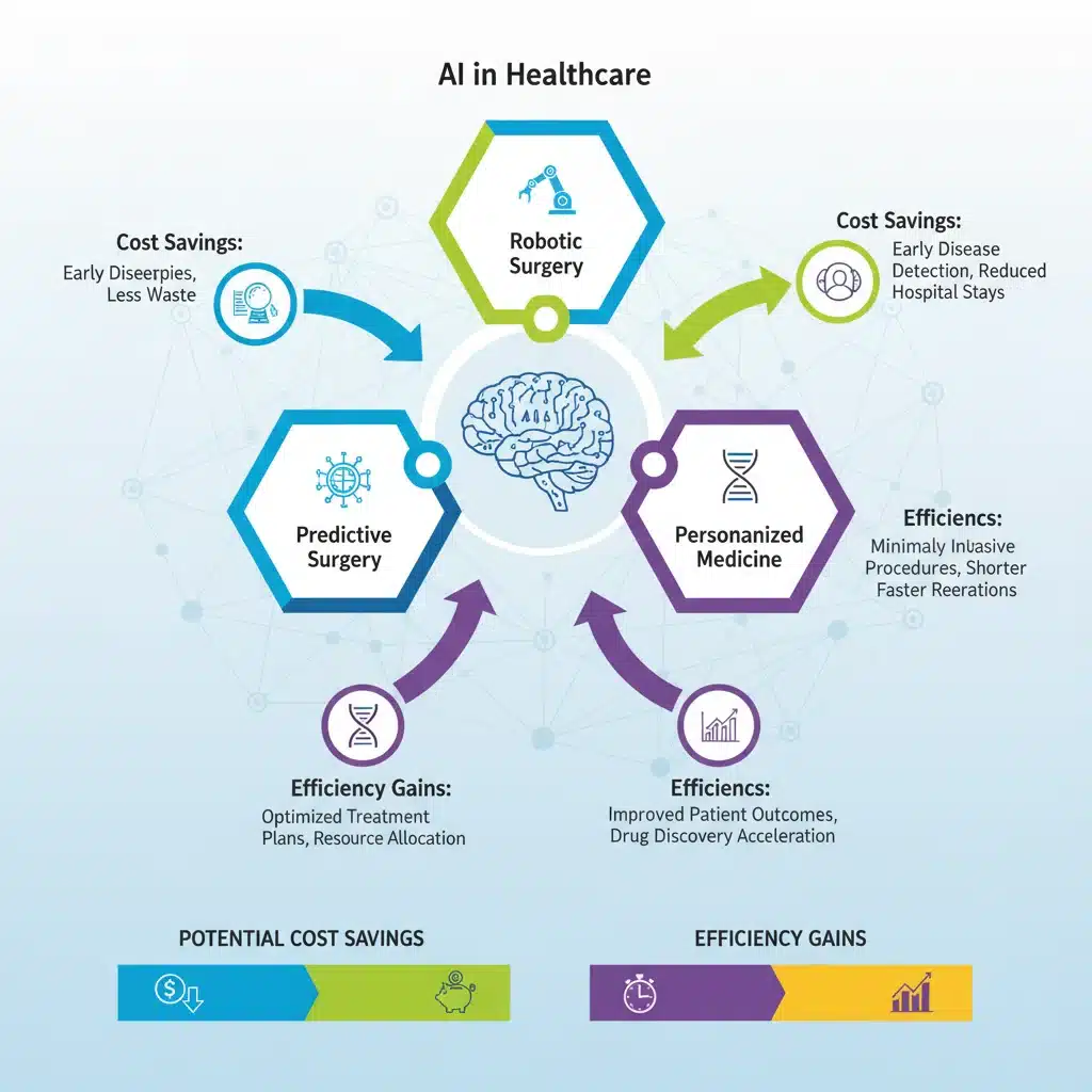Infographic showing diverse AI applications in healthcare and their projected cost savings and efficiency benefits.