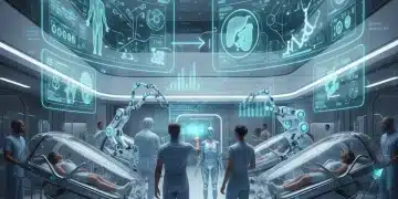 Futuristic hospital with AI interfaces and financial data overlay, symbolizing AI's economic impact on healthcare.
