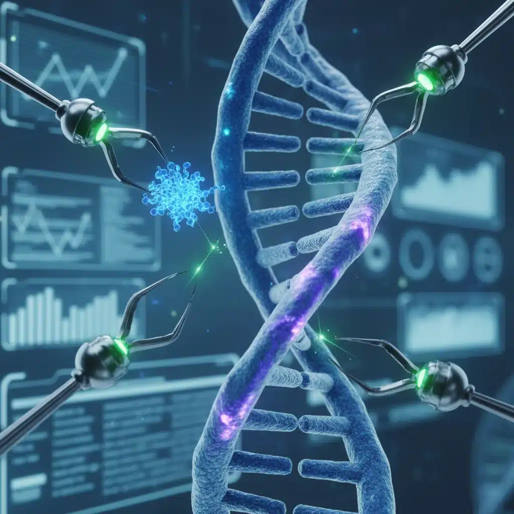 Detailed illustration of DNA strands being edited with microscopic tools, representing gene editing technology.