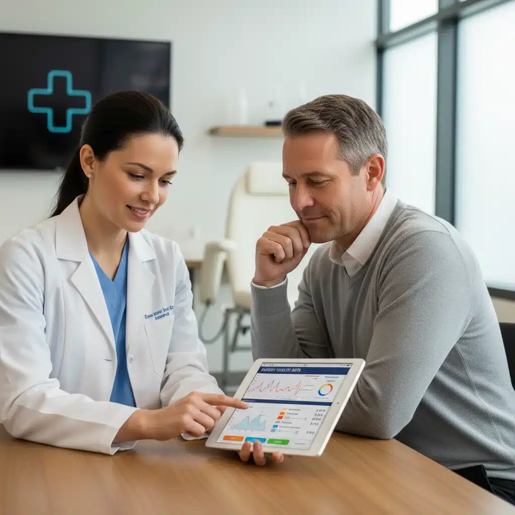 Doctor and patient reviewing electronic health records on a tablet, symbolizing improved patient care through interoperability.