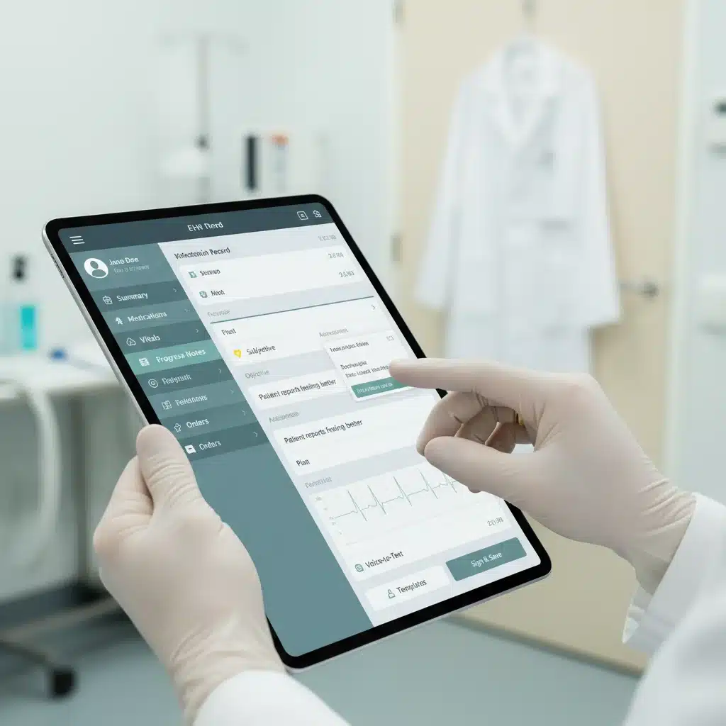 Doctor using EHR system on tablet for patient charting