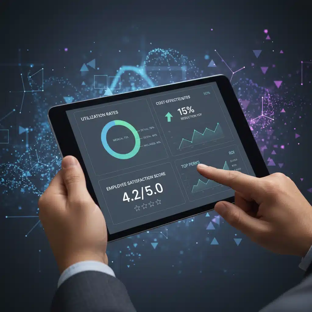 Digital dashboard showing employee benefit metrics and data analysis