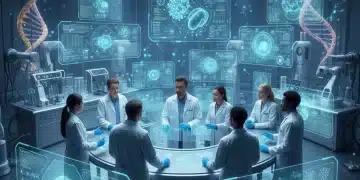 Scientists in a futuristic lab analyzing genetic data for precision medicine