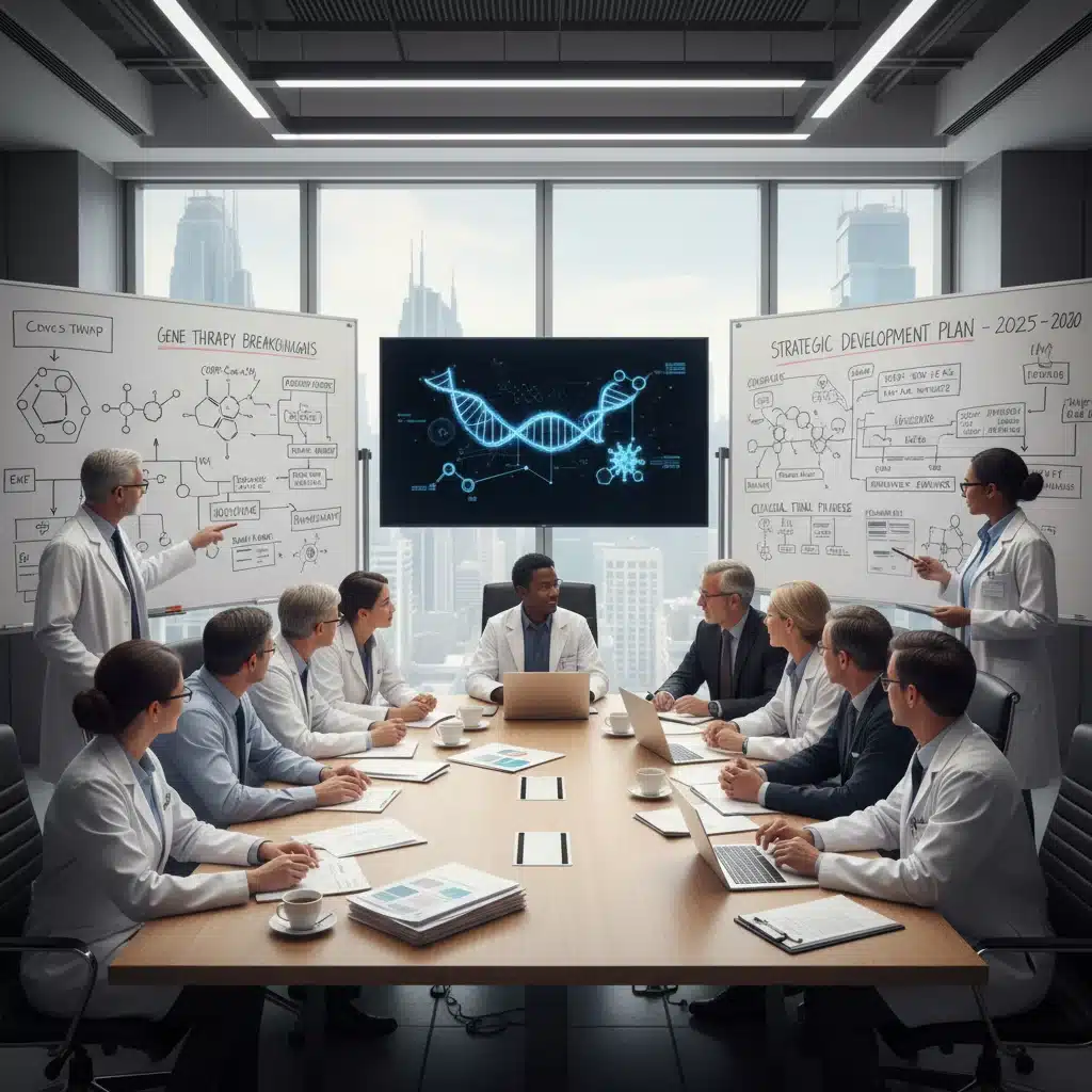 Researchers and clinicians collaborating on gene therapy breakthroughs in a modern conference room.