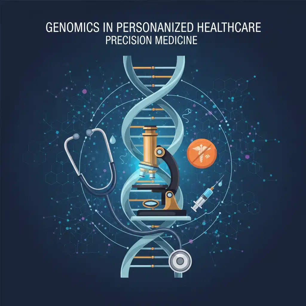 DNA helix with medical symbols representing genomic medicine
