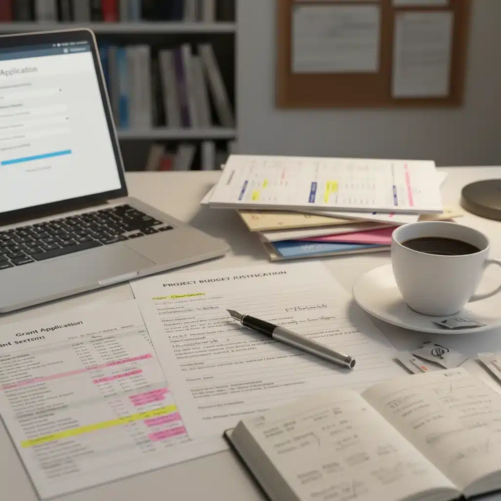 Grant application form being filled out, surrounded by financial documents and a laptop, symbolizing the grant writing process.