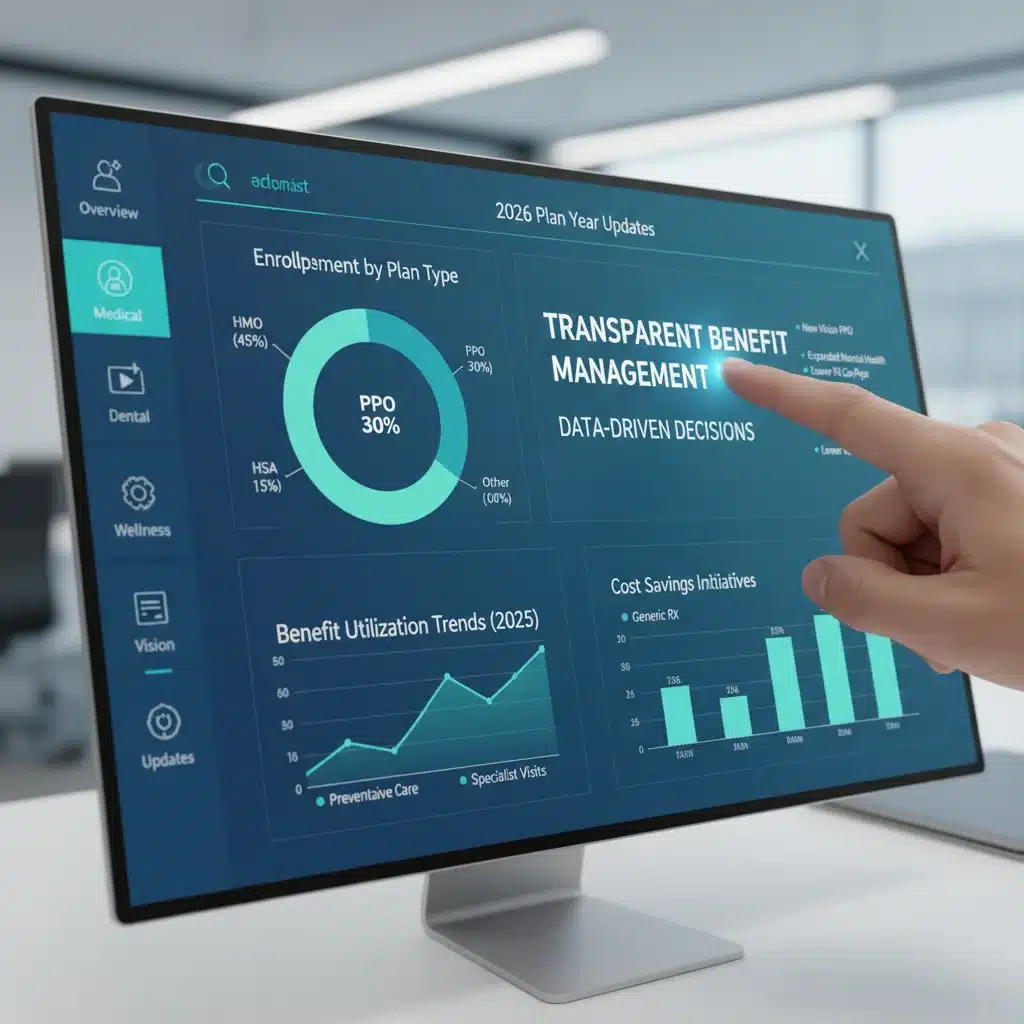 Digital dashboard showing healthcare benefit options and 2026 updates
