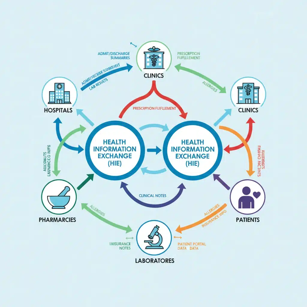 Diagram showing the seamless flow of healthcare data between different entities like hospitals, clinics, and pharmacies.