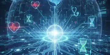 Digital network connecting diverse medical symbols, representing healthcare data interoperability in the US by 2026.