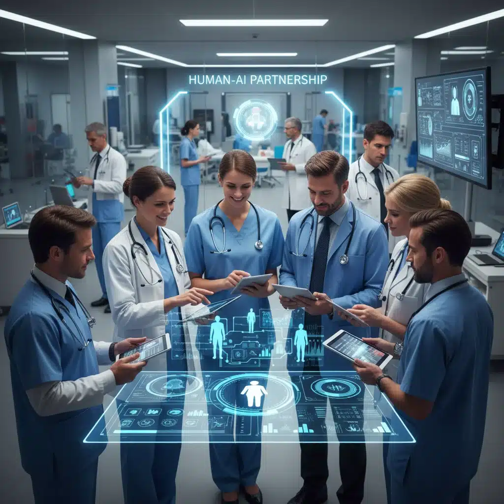 Healthcare professionals collaborating with AI tools to optimize operations and patient care in a modern medical facility.