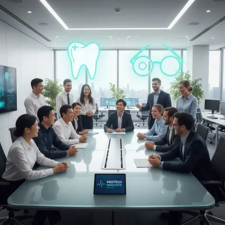 MedTech employees discussing 2026 dental and vision benefits in a modern office