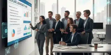 Diverse MedTech employees discussing benefits in a modern office