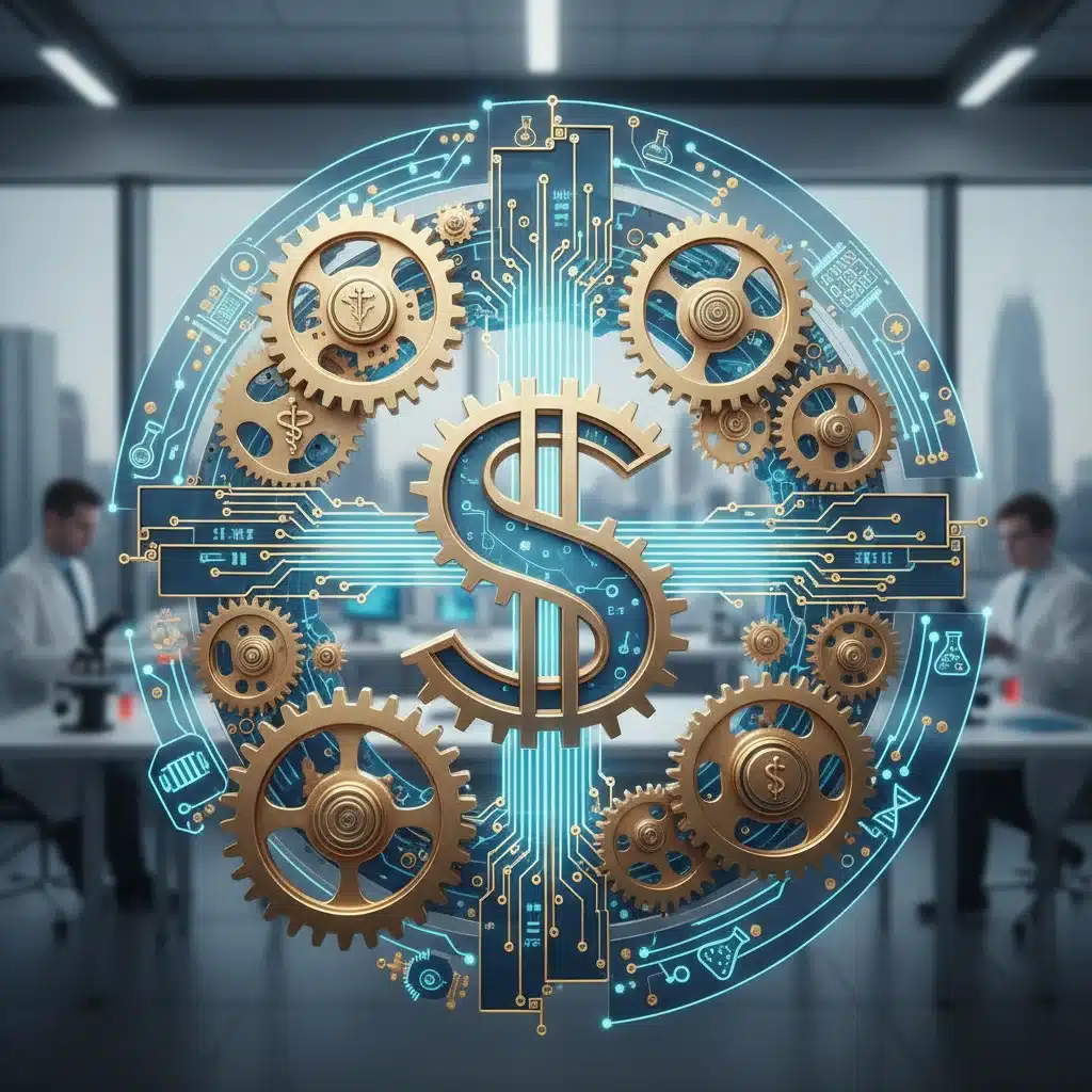 Interconnected gears and circuits with a dollar sign, representing the financial mechanisms supporting MedTech innovation.