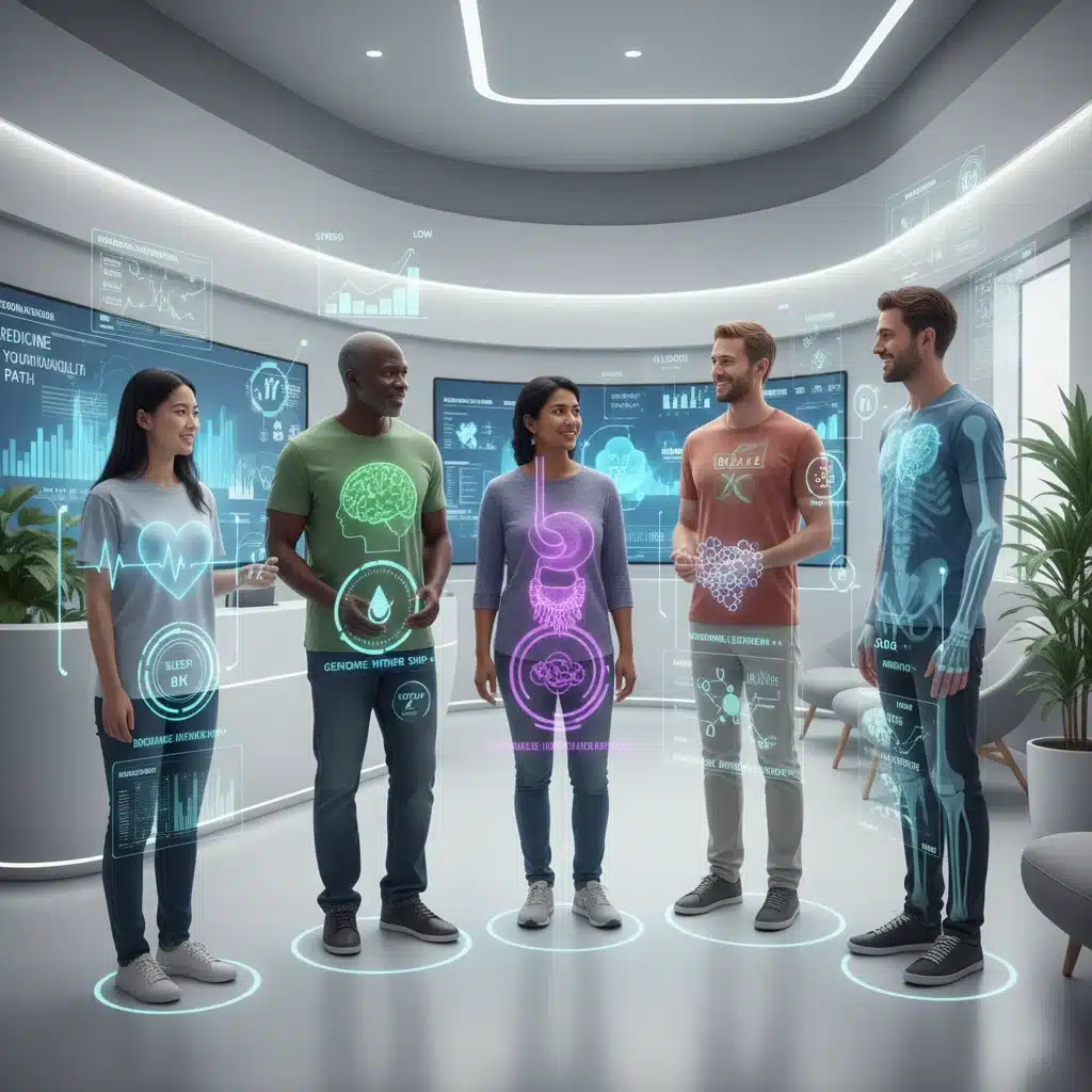 Diverse patients with digital health data overlays in a modern clinic