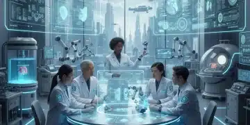 Scientists working on advanced medical technology with lab equipment and digital interfaces, representing US MedTech innovation.