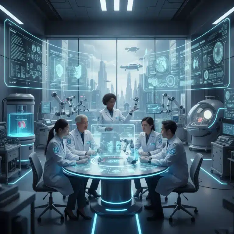 Scientists working on advanced medical technology with lab equipment and digital interfaces, representing US MedTech innovation.