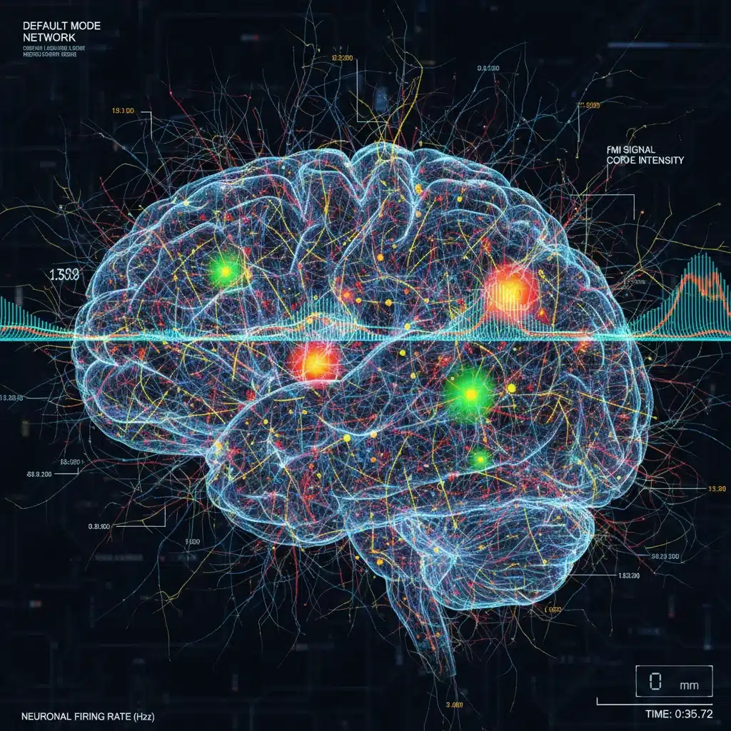 Detailed 3D MRI brain scan with functional data overlays.