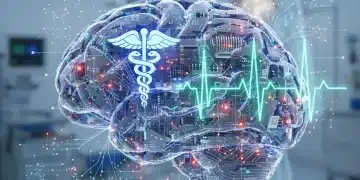 Stylized brain with circuits and medical symbols, representing AI in medical devices.