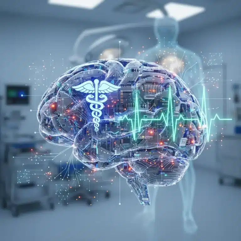 Stylized brain with circuits and medical symbols, representing AI in medical devices.