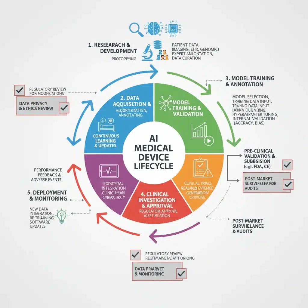 Diagram of AI medical device lifecycle with regulatory checkpoints.