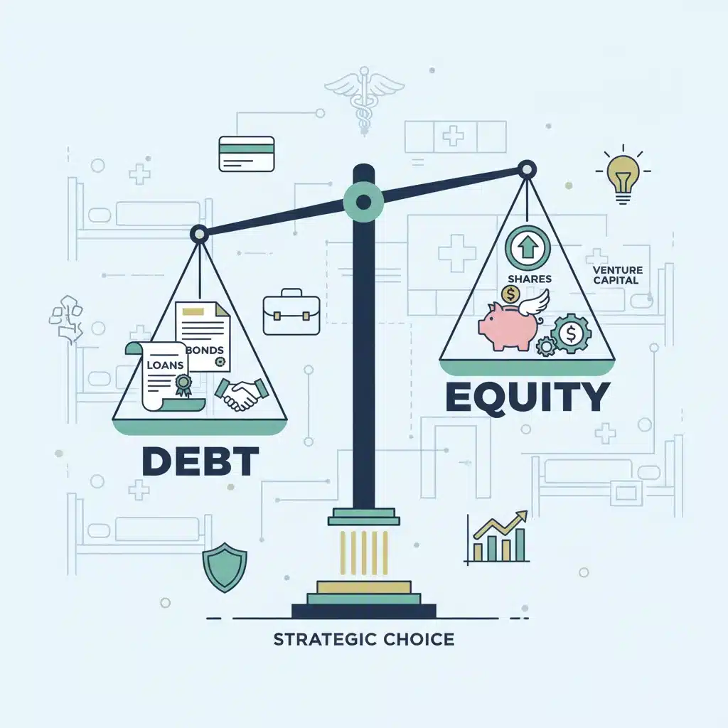Balance scale comparing debt and equity financing options for MedTech companies