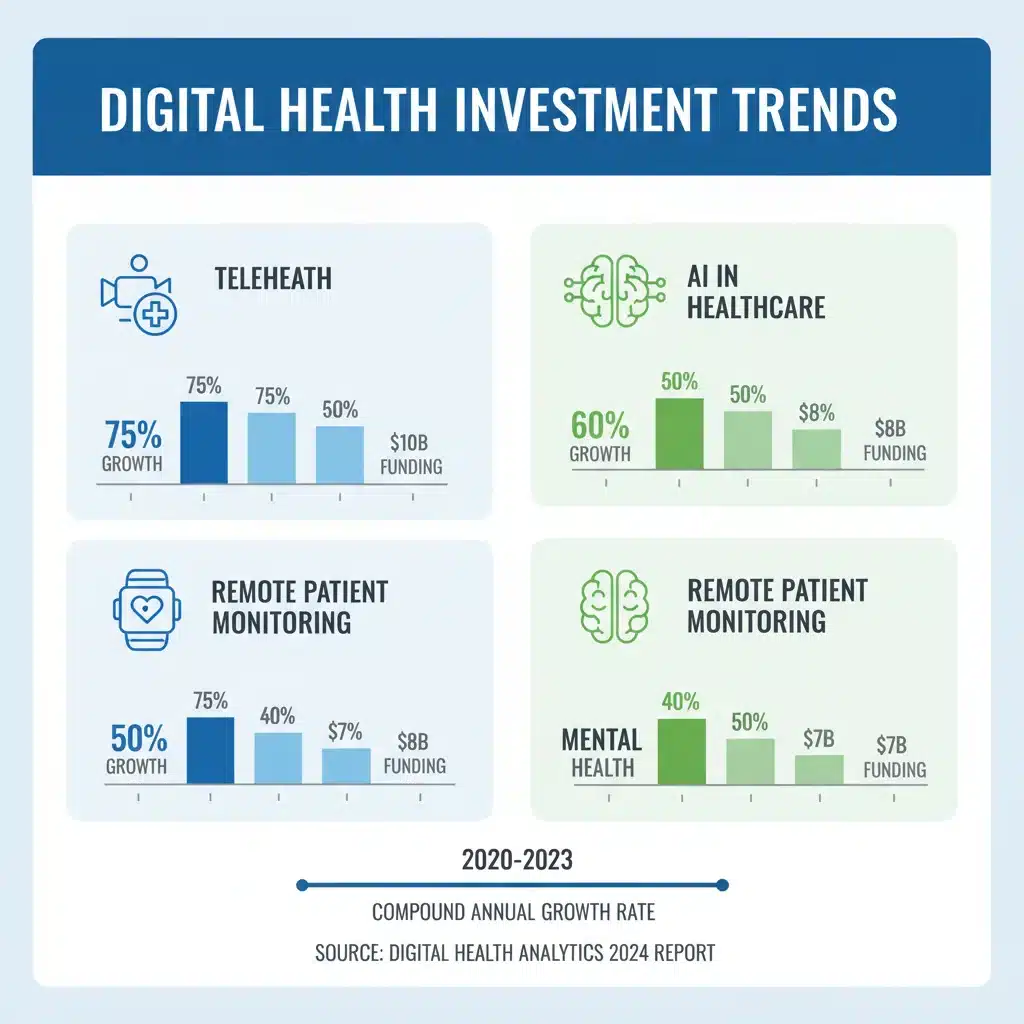 Infographic displaying diverse categories of digital health investments and their growth.