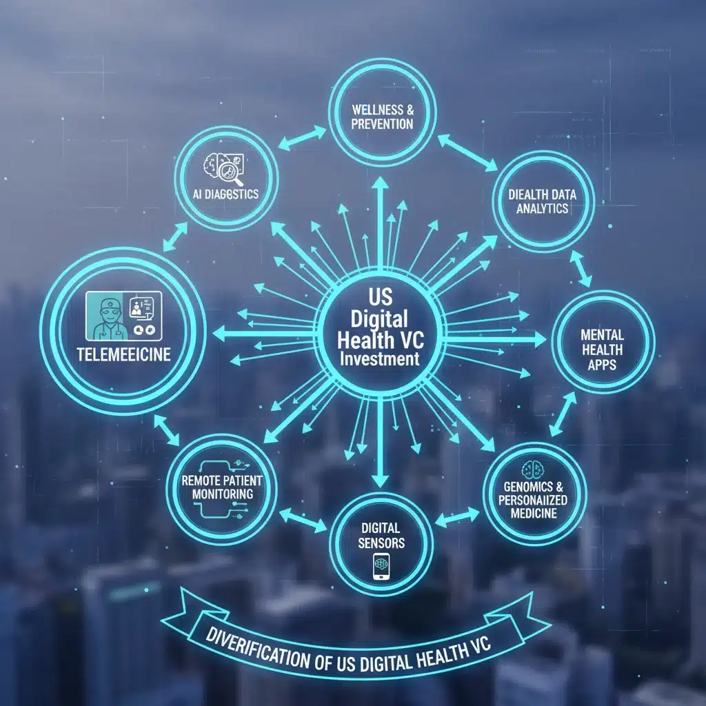 Diversified investment areas in US digital health, including telemedicine and AI.