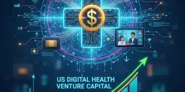 Digital health innovation funding with rising graphs and interconnected medical symbols.