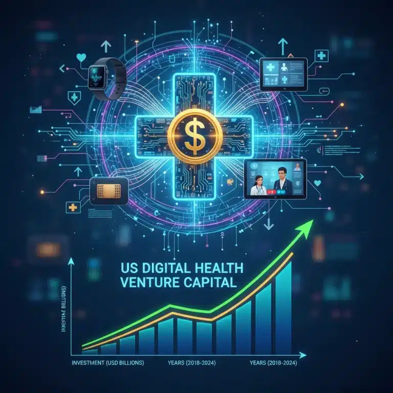 Digital health innovation funding with rising graphs and interconnected medical symbols.