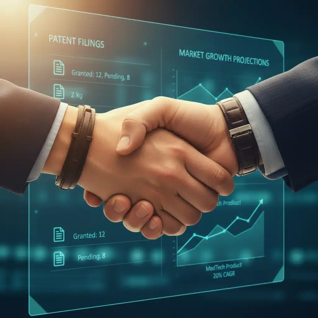 Startup founder and venture capitalist shaking hands, representing equity investment in MedTech