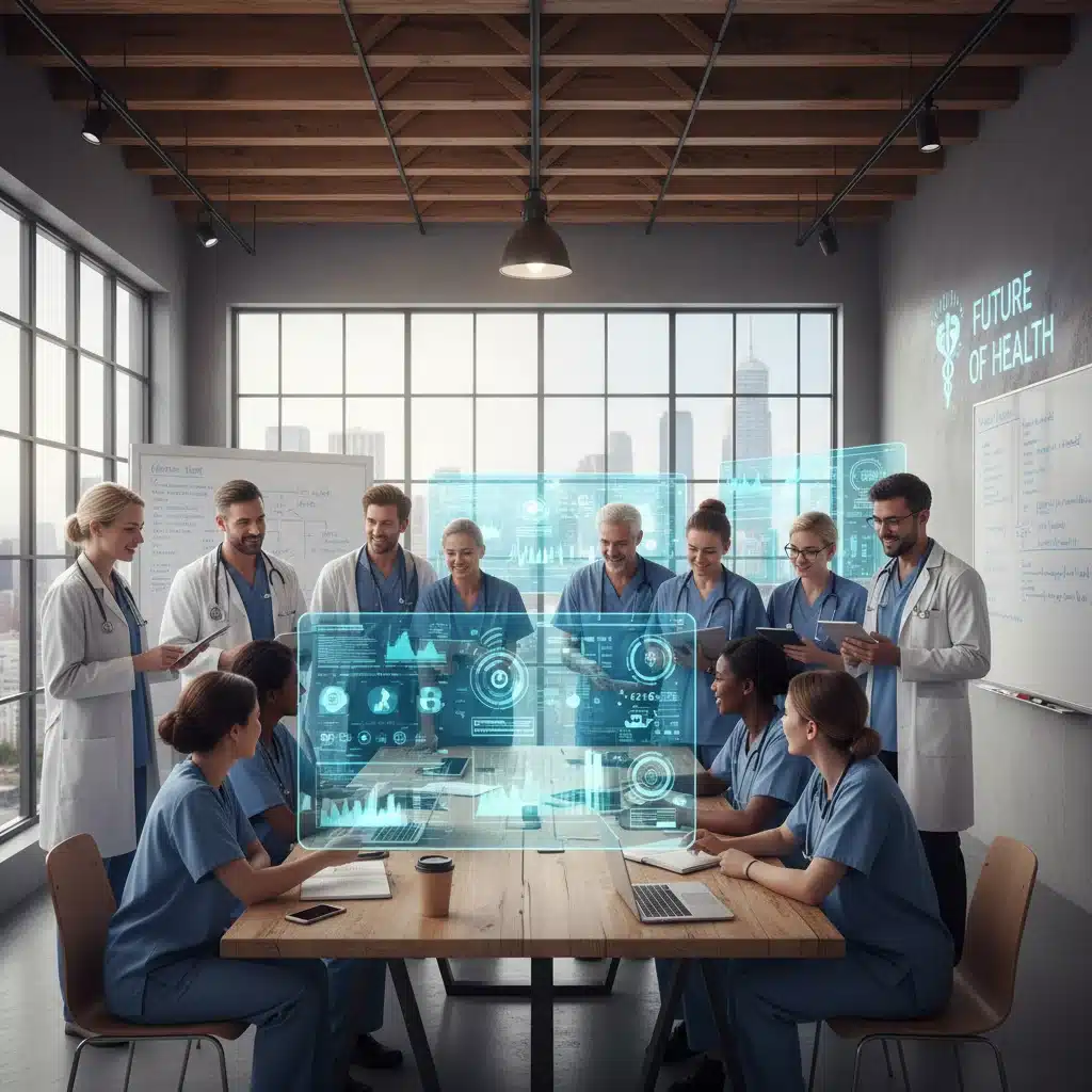 Healthcare and tech professionals collaborating on future digital health solutions.