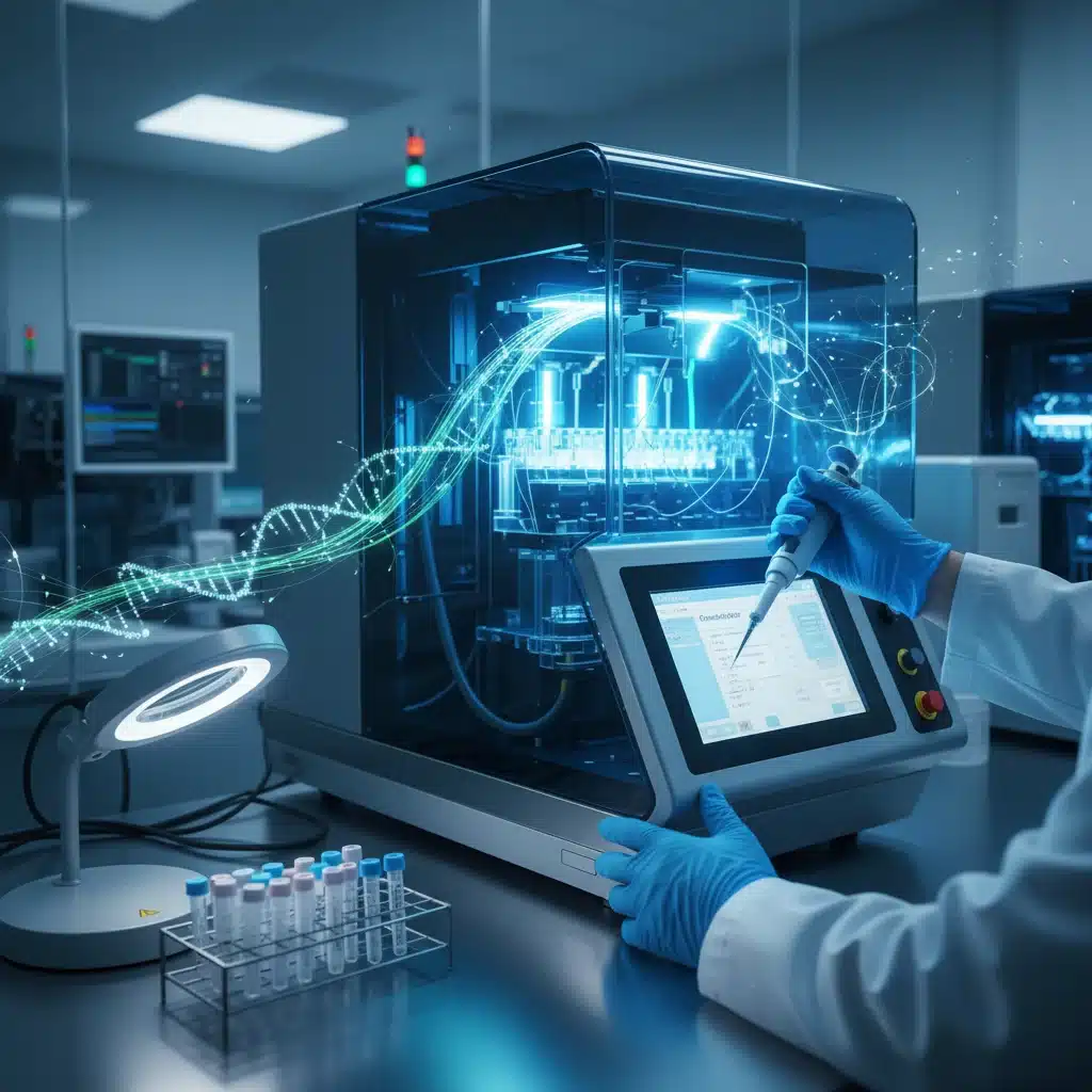 Scientist performing genomic sequencing in a laboratory.