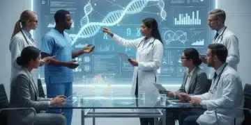 Healthcare professionals learning about genomic sequencing data on a large screen.