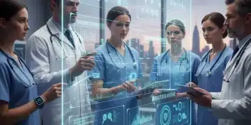 Healthcare professionals analyzing integrated wearable tech data on a futuristic screen