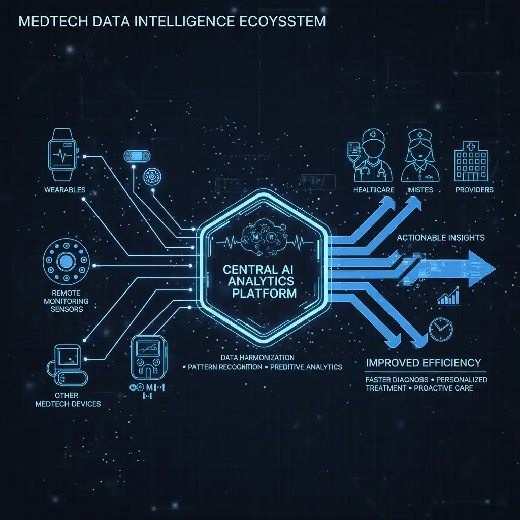 Data flow from MedTech devices to AI analytics for healthcare efficiency