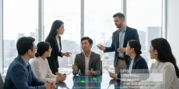 MedTech professionals discussing 2026 PTO benefits in a contemporary office setting.