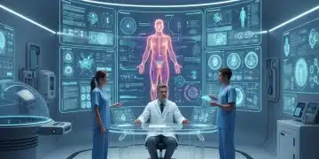 Radiologist reviewing advanced medical imaging on multiple screens in a modern facility.