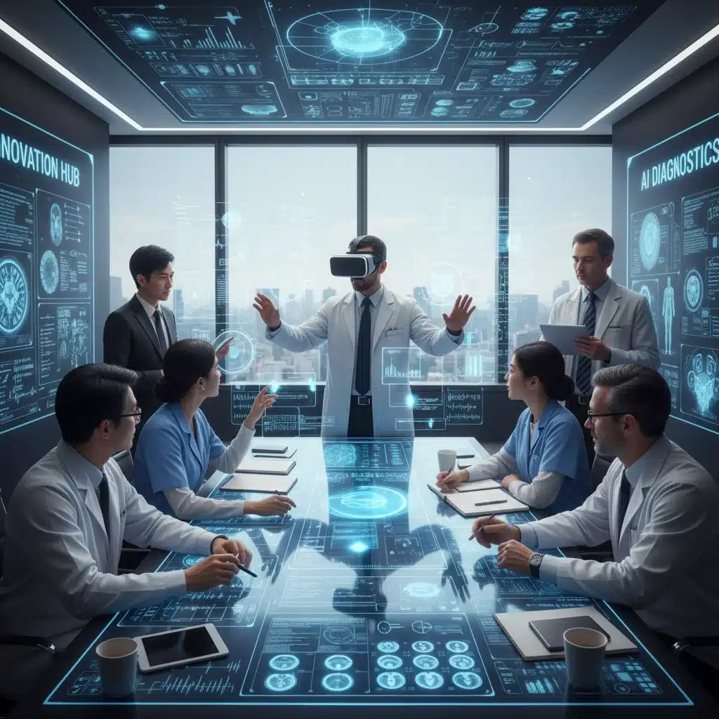 Radiologists collaborating with AI tools in a modern educational setting.