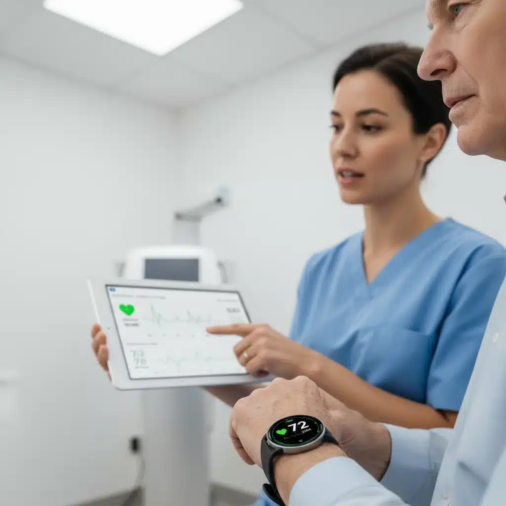 Healthcare provider explaining real-time smartwatch data to a patient