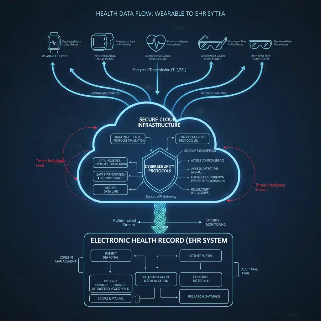 Data flow diagram from wearable devices to EHR systems