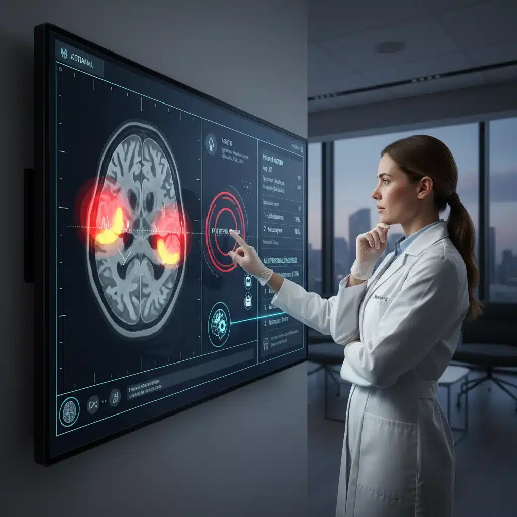 Doctor using AI diagnostic tool for patient care
