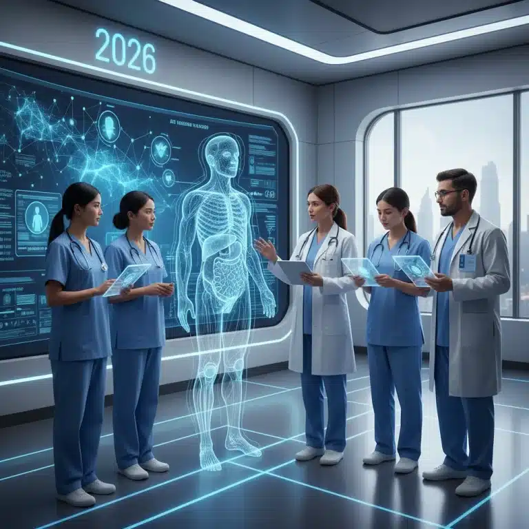 Medical staff learning AI applications in a futuristic healthcare setting, 2026