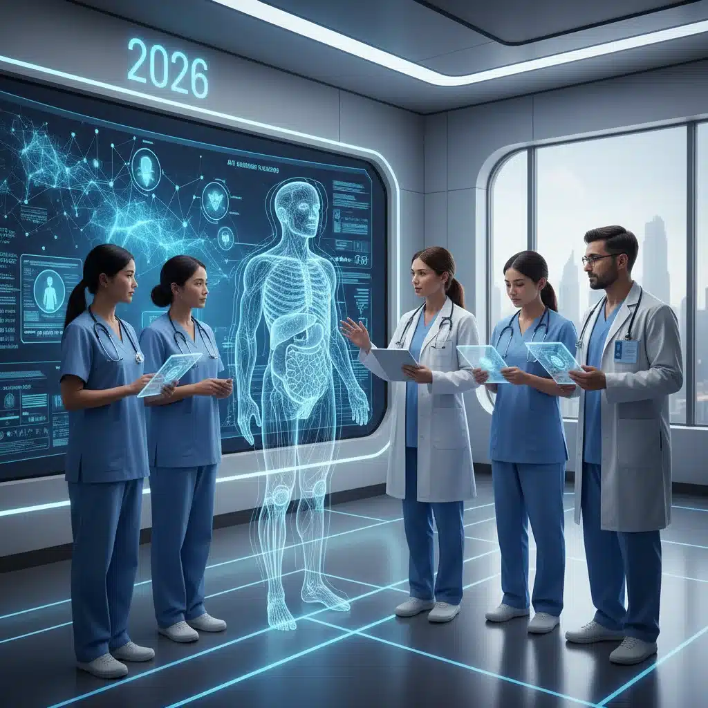 Medical staff learning AI applications in a futuristic healthcare setting, 2026