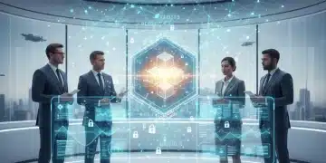 Healthcare administrators analyzing secure patient data on a holographic blockchain interface