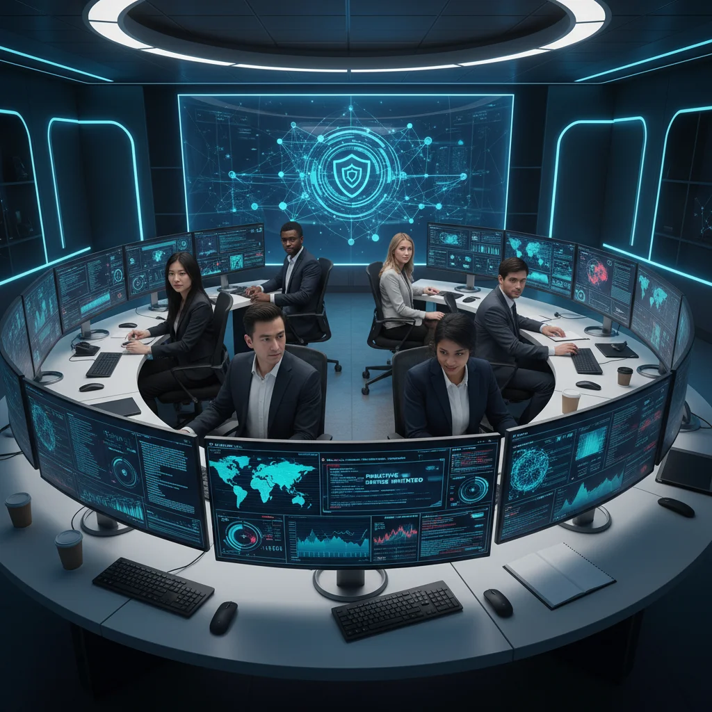 Cybersecurity team in a SOC monitoring threats, demonstrating proactive defense strategies.
